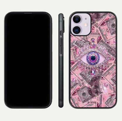 Money Eye Luxe Glass Case for iPhone 11 front & back layout highlighting luxury edge design and bold art