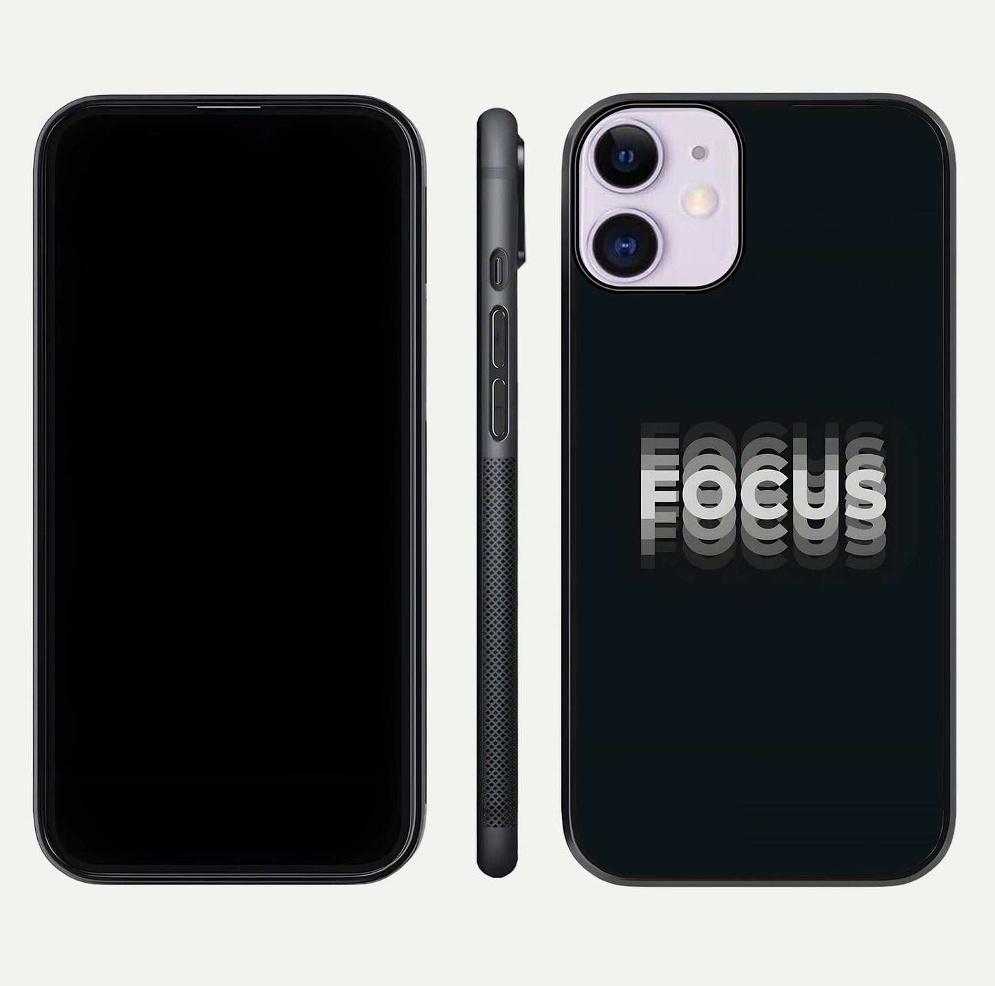 Mono Focus Vision Glass Case for iPhone 11 front & back layout showing clean focus lines and curved edges