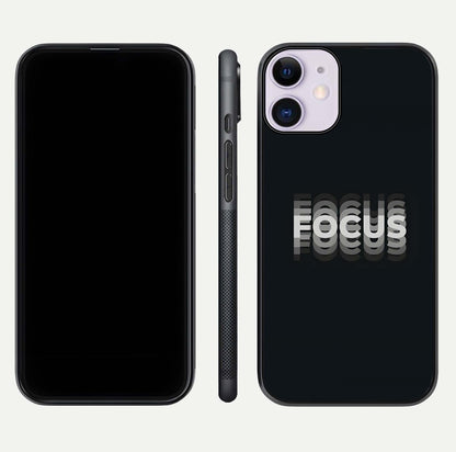Mono Focus Vision Glass Case for iPhone 11 front & back layout showing clean focus lines and curved edges