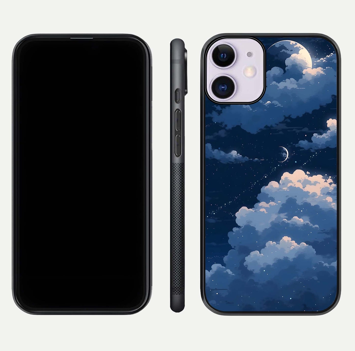 Moon Dream Haze Glass Case for iPhone 11 front & back layout highlighting dreamy design and curved shape