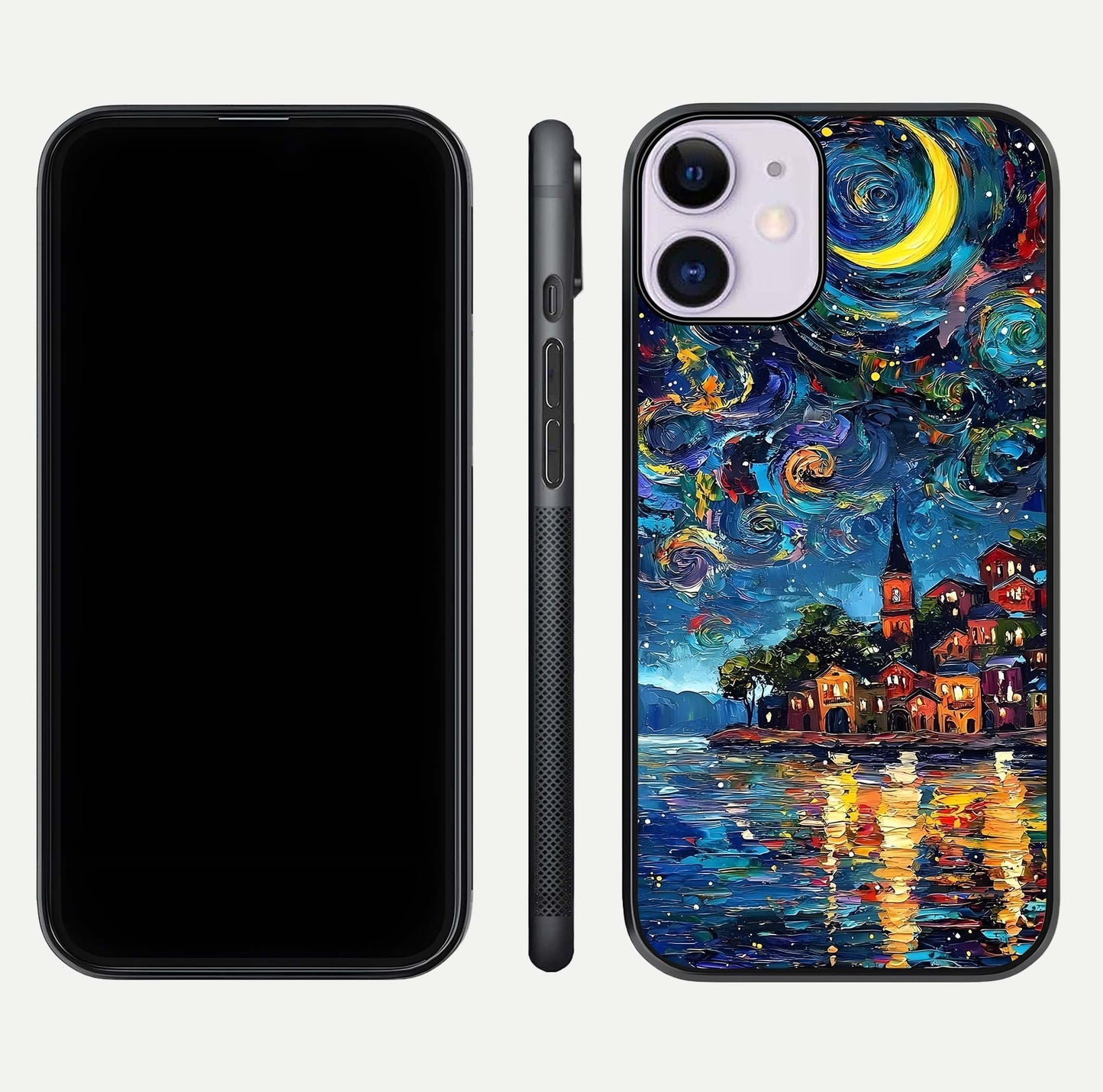 Moonlight Harbor Glow Glass Case for iPhone 11 front & back layout highlighting calm harbor tones