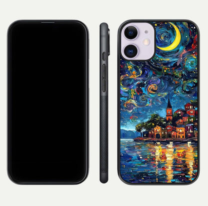 Moonlight Harbor Glow Glass Case for iPhone 11 front & back layout highlighting calm harbor tones