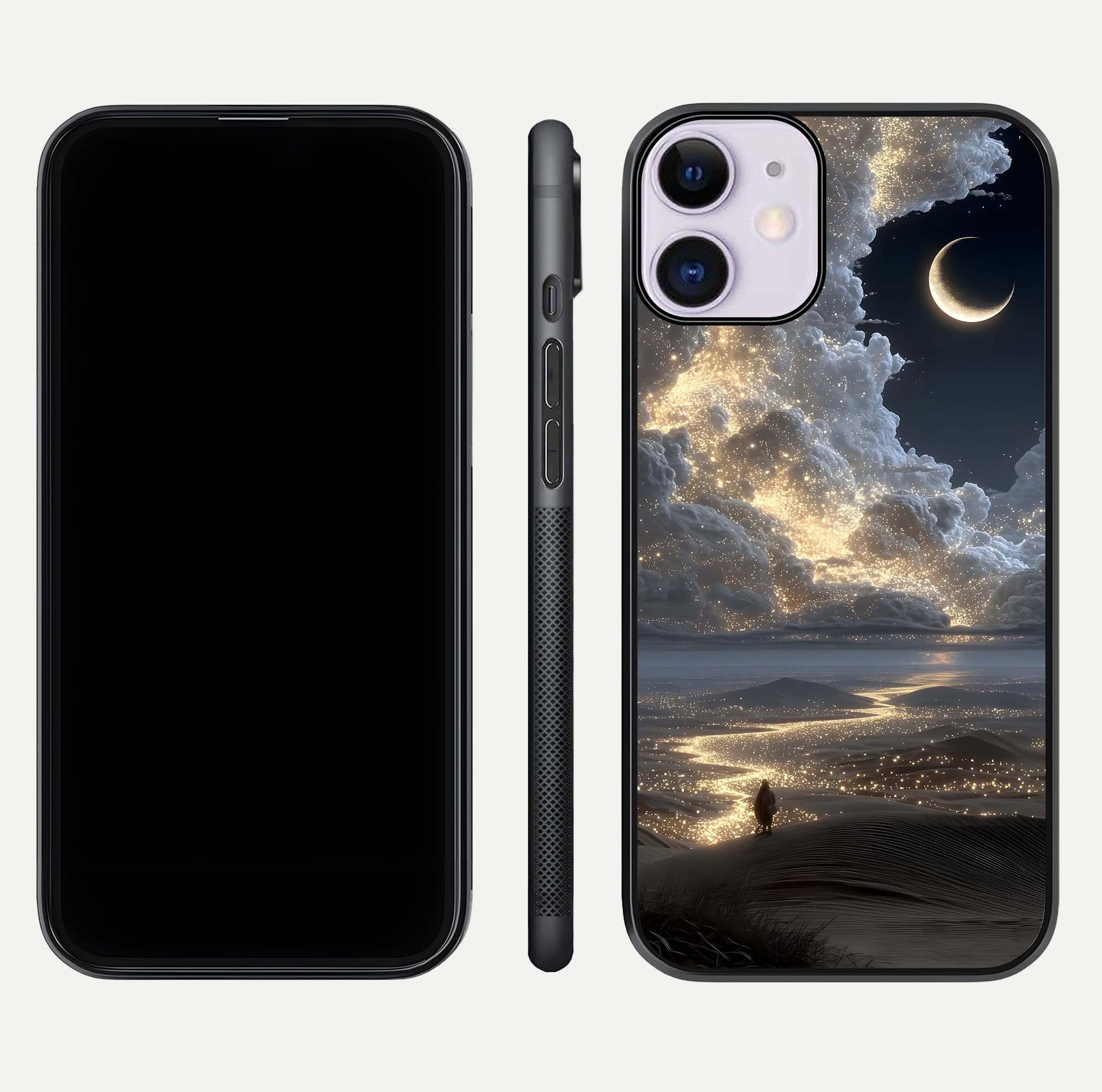Moonlight Spark Path Glass Case for iPhone 11 front & back layout highlighting calm tones and sleek edges
