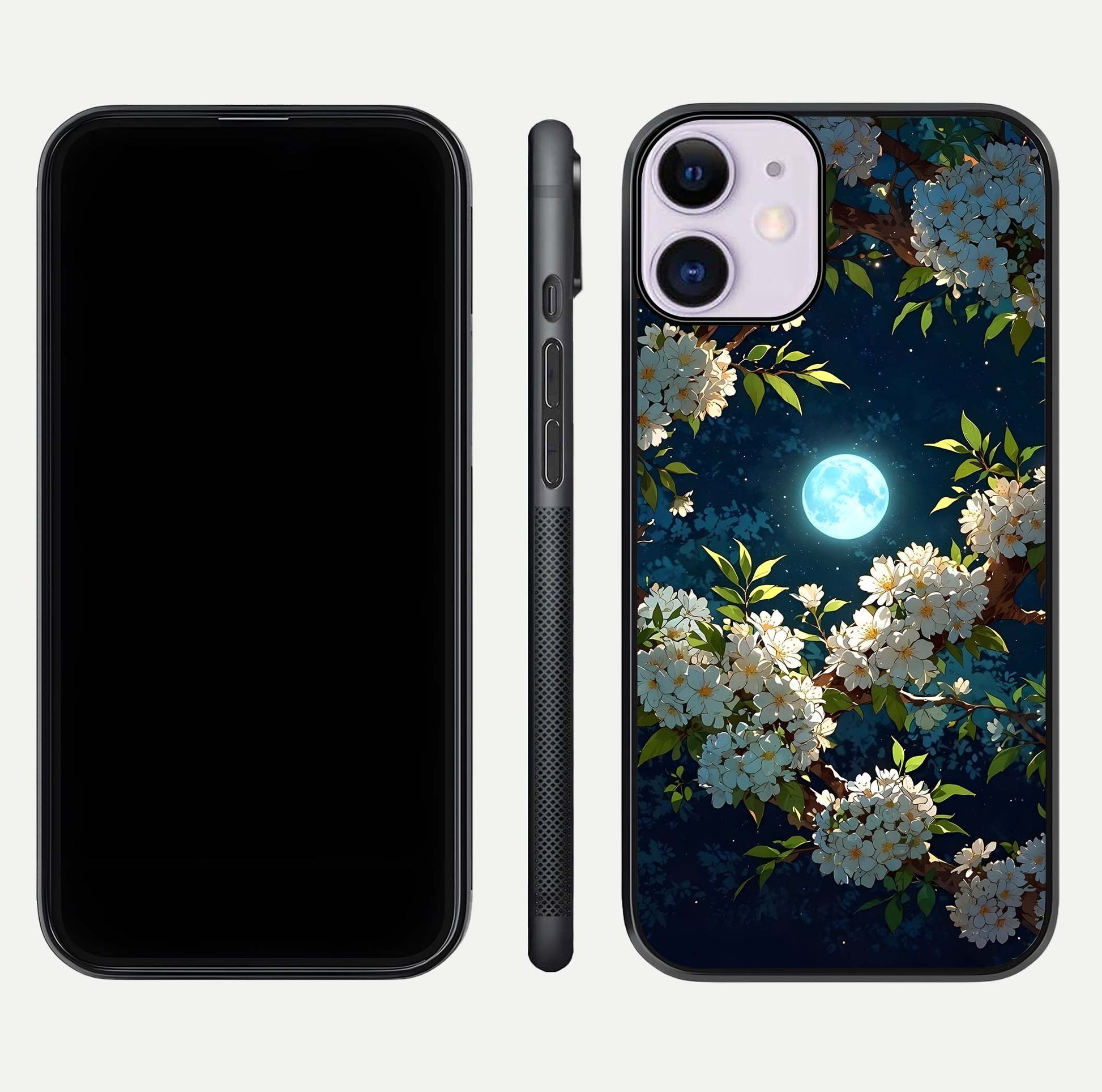 Moonlit Blossom Dream Glass Case for iPhone 11 front & back layout highlighting moonlit tones and edges