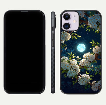 Moonlit Blossom Dream Glass Case for iPhone 11 front & back layout highlighting moonlit tones and edges