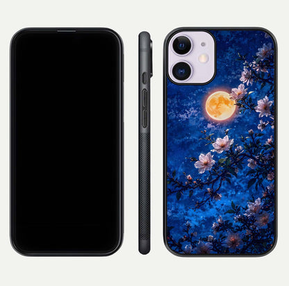 Moonlit Blossoms Night Glass Case for iPhone 11 front & back layout highlighting moonlit tones and curved edges