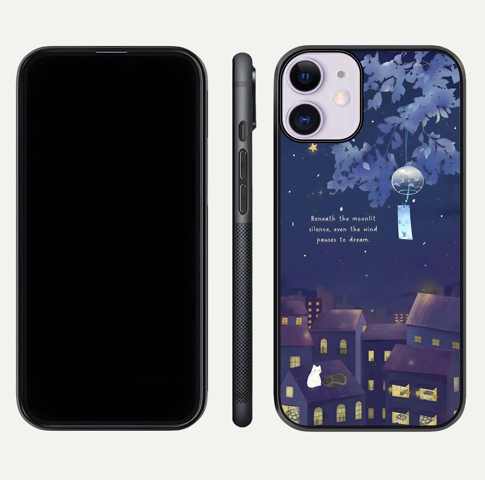 Moonlit Cat Silence Glass Case for iPhone 11 front & back layout highlighting calm tones and edge detail