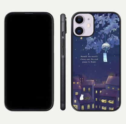 Moonlit Cat Silence Glass Case for iPhone 11 front & back layout highlighting calm tones and edge detail
