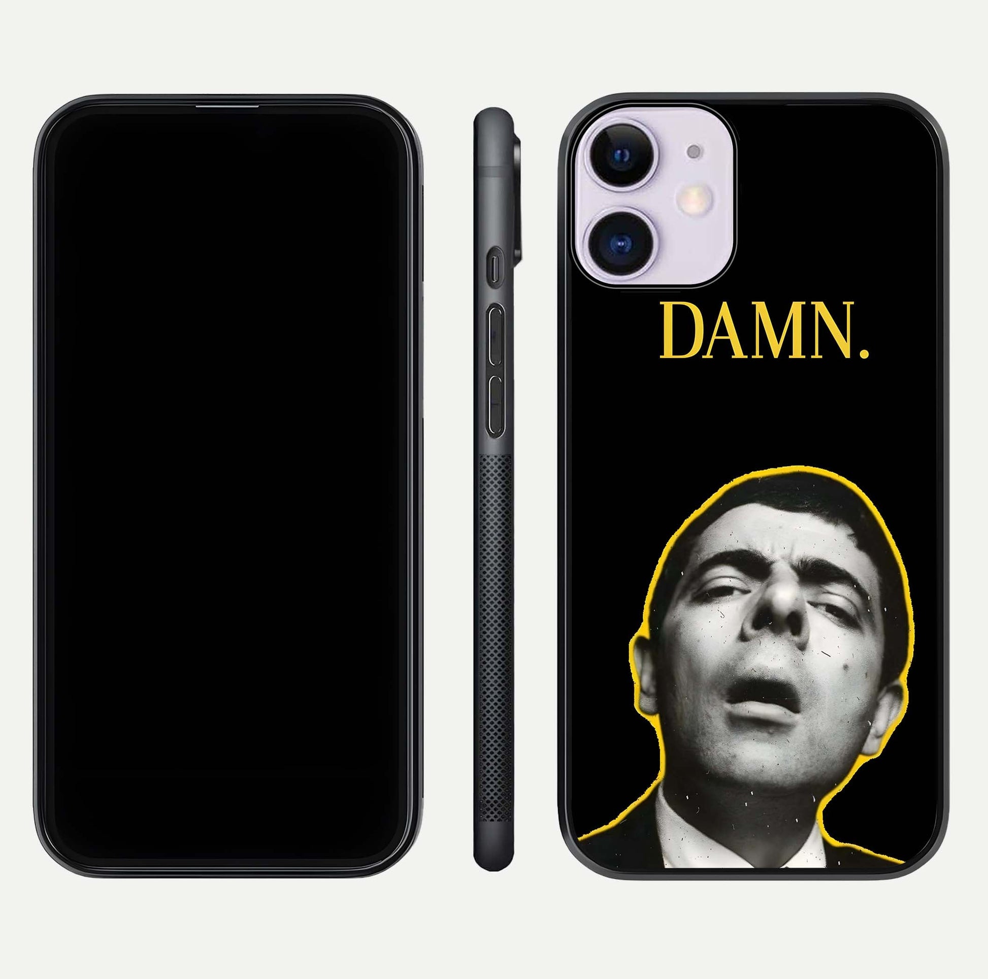 Mr Bean Damn Glass Case for iPhone 11 front & back layout displaying fun artwork and curved smooth edges