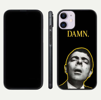 Mr Bean Damn Glass Case for iPhone 11 front & back layout displaying fun artwork and curved smooth edges