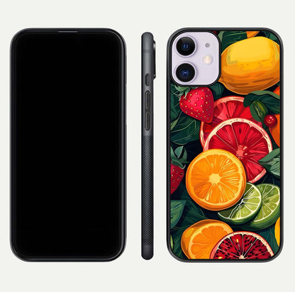 Multiple Fruits Glass Case for iPhone 11 front & back layout highlighting vibrant tones and curved edges