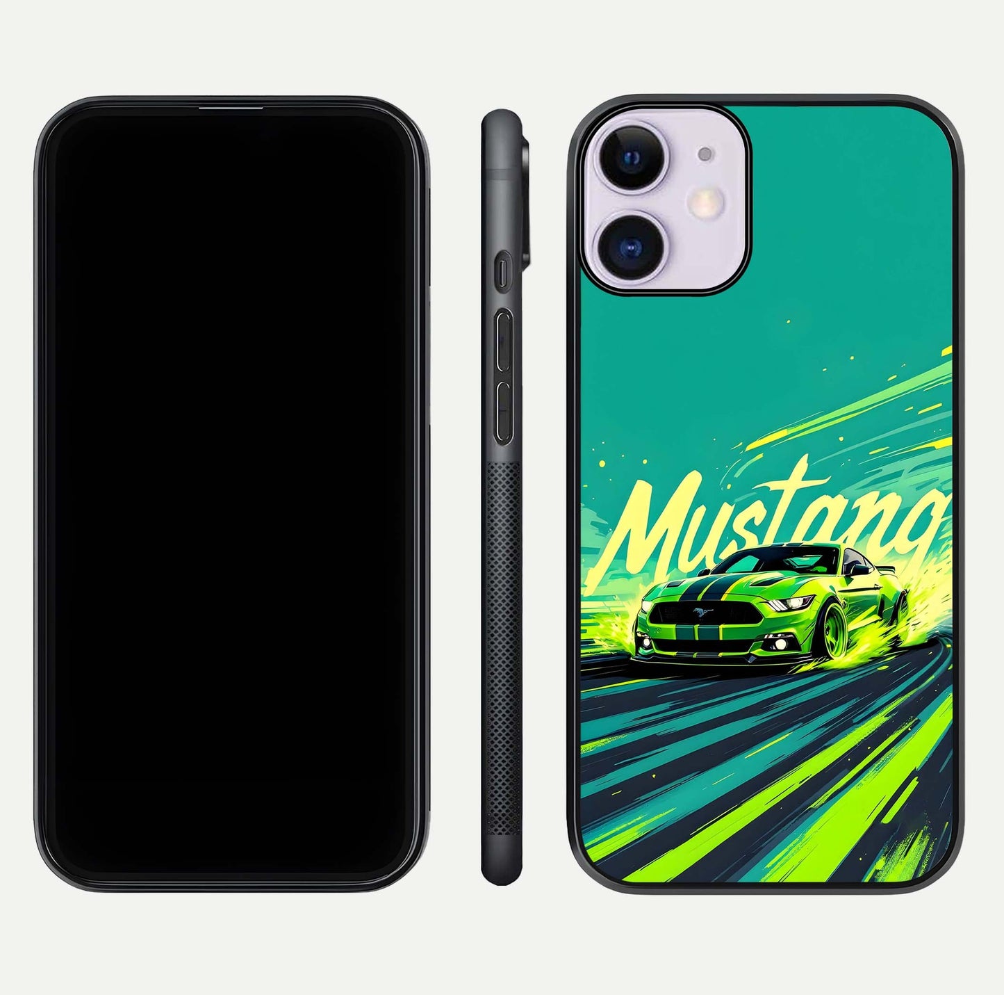 Mustang Bang Glass Case for iPhone 11 front & back layout highlighting dark automotive tones and edge detail