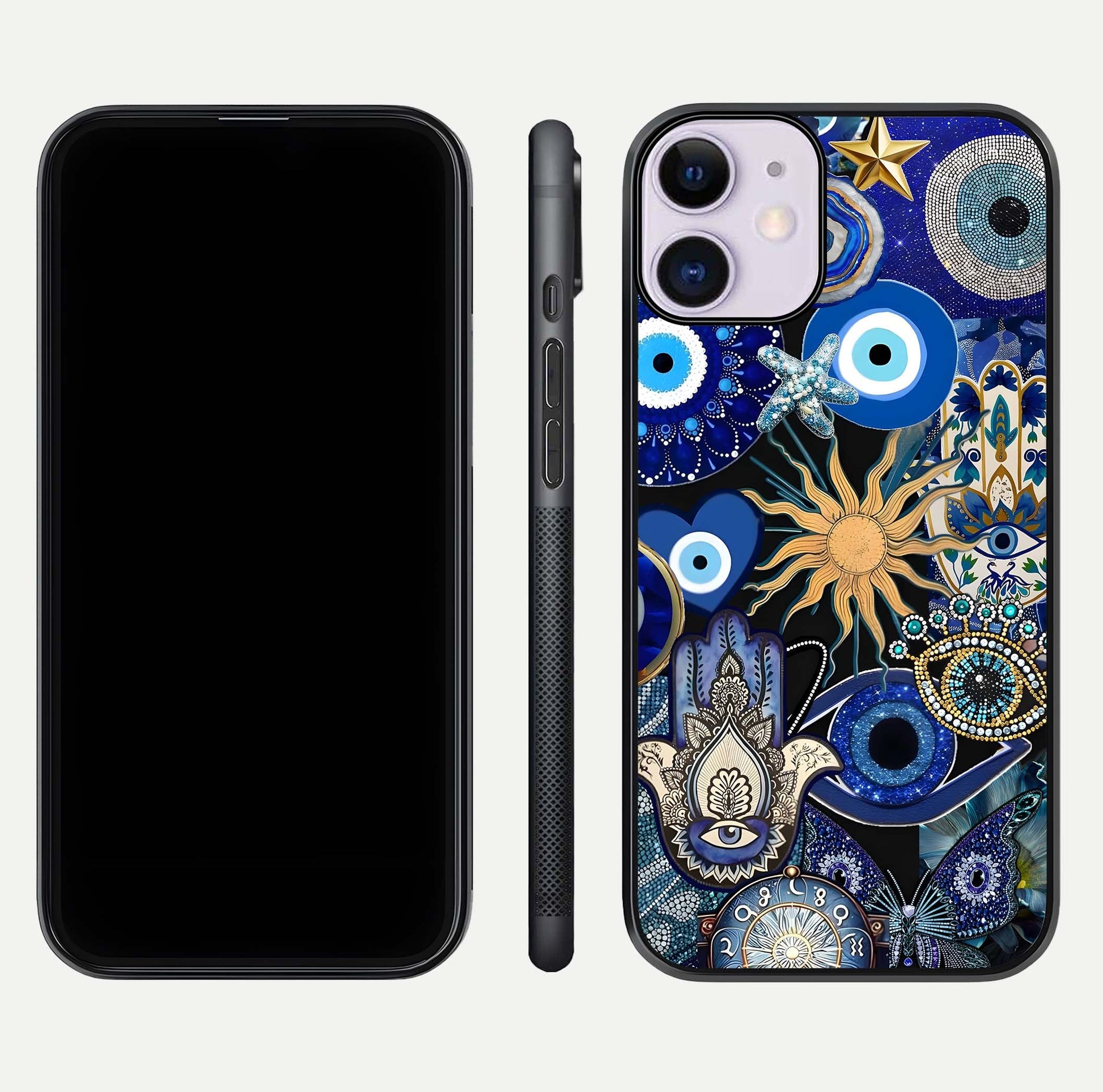 Mystic Blue Evil Eye Glass Case for iPhone 11 front & back layout showing elegant tones and edge finish