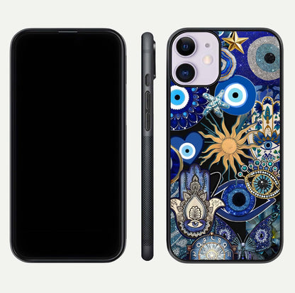 Mystic Blue Evil Eye Glass Case for iPhone 11 front & back layout showing elegant tones and edge finish
