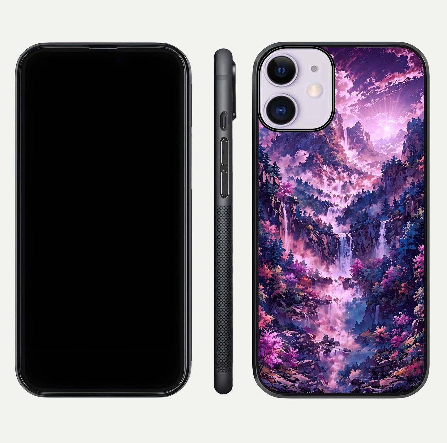 Mystic Cascade Peaks Glass Case for iPhone 11 front & back layout highlighting HD landscape tones