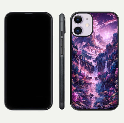 Mystic Cascade Peaks Glass Case for iPhone 11 front & back layout highlighting HD landscape tones