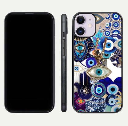 Mystic Charm Eye Glass Case for iPhone 11 front & back layout highlighting spiritual design and edges