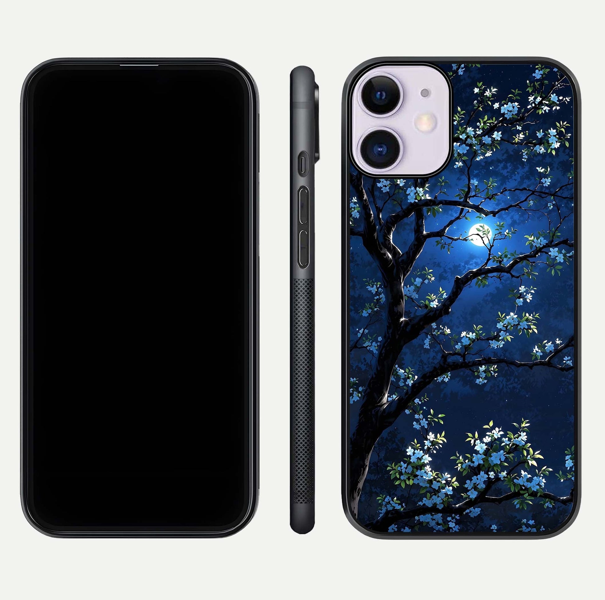 Mystic Floral Night Glass Case for iPhone 11 front & back layout showing elegant floral art and smooth edges