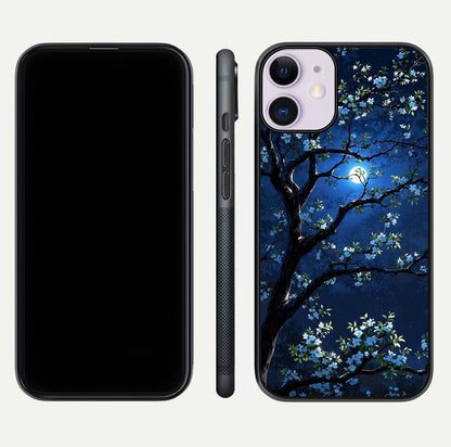 Mystic Floral Night Glass Case for iPhone 11 front & back layout showing elegant floral art and smooth edges