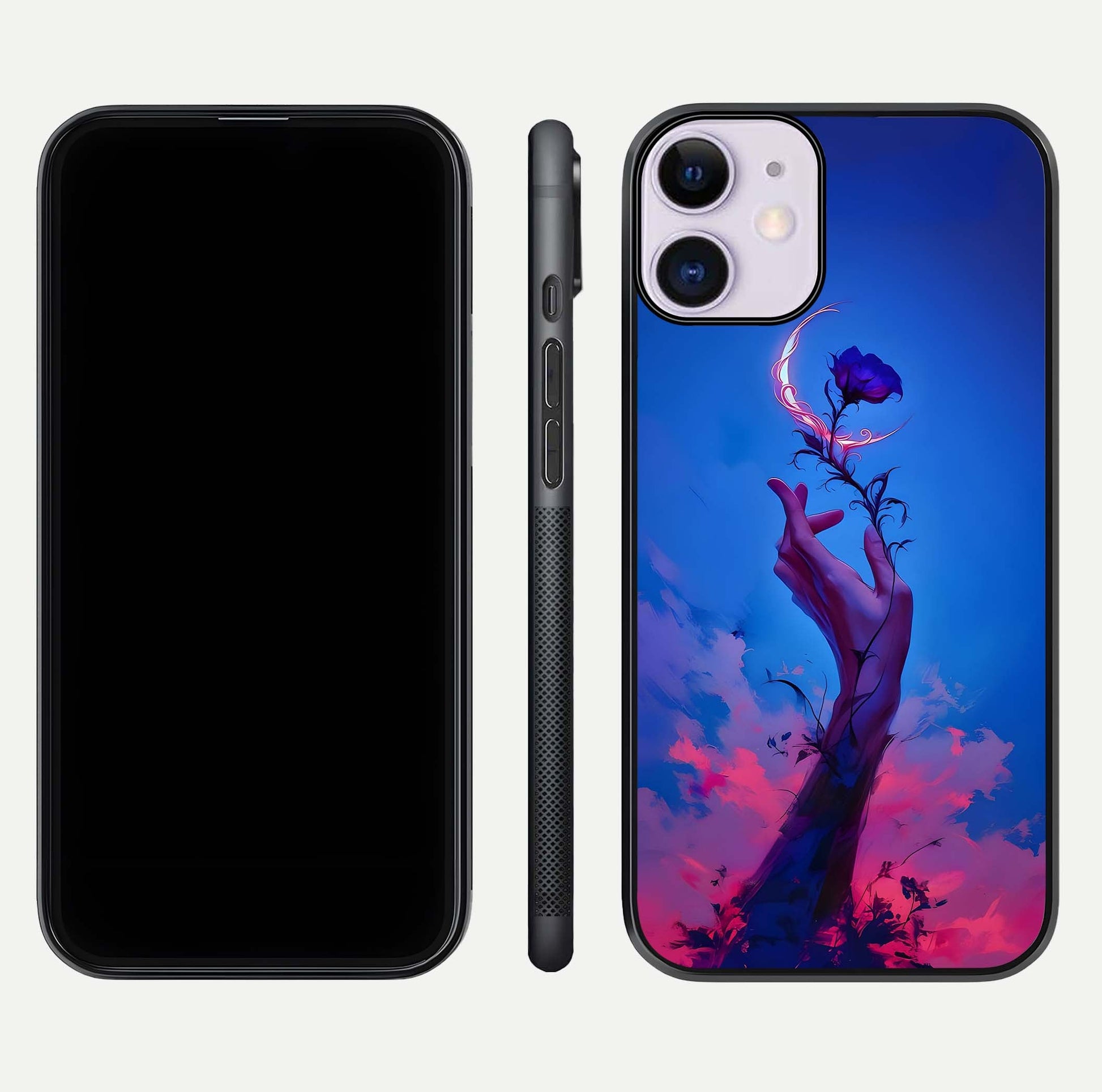 Mystic Hand Glass Case for iPhone 11 front & back layout highlighting mystic design and smooth edges
