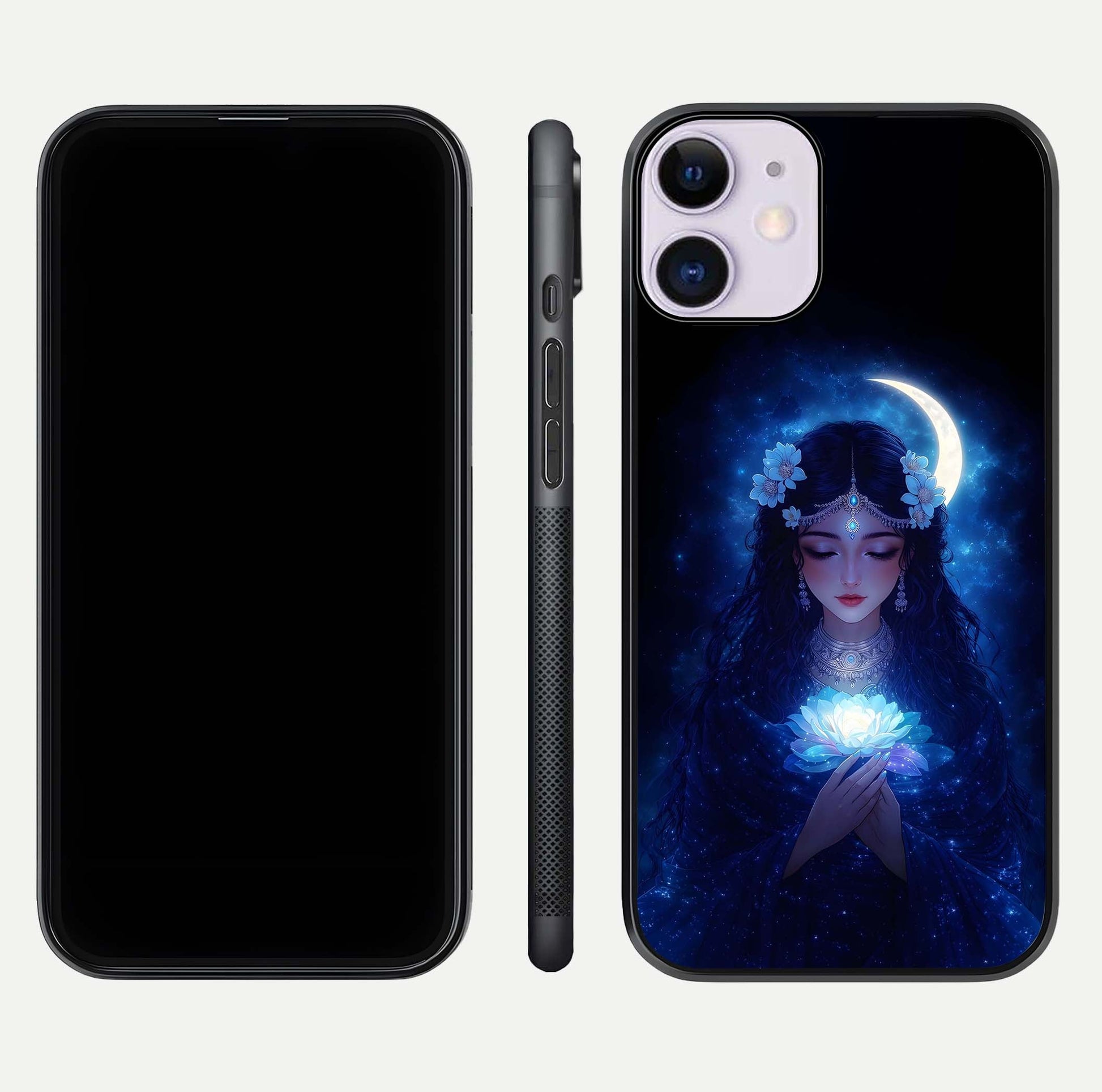 Mystic Moon Queen Glass Case for iPhone 11 front & back layout highlighting divine illustration and edges