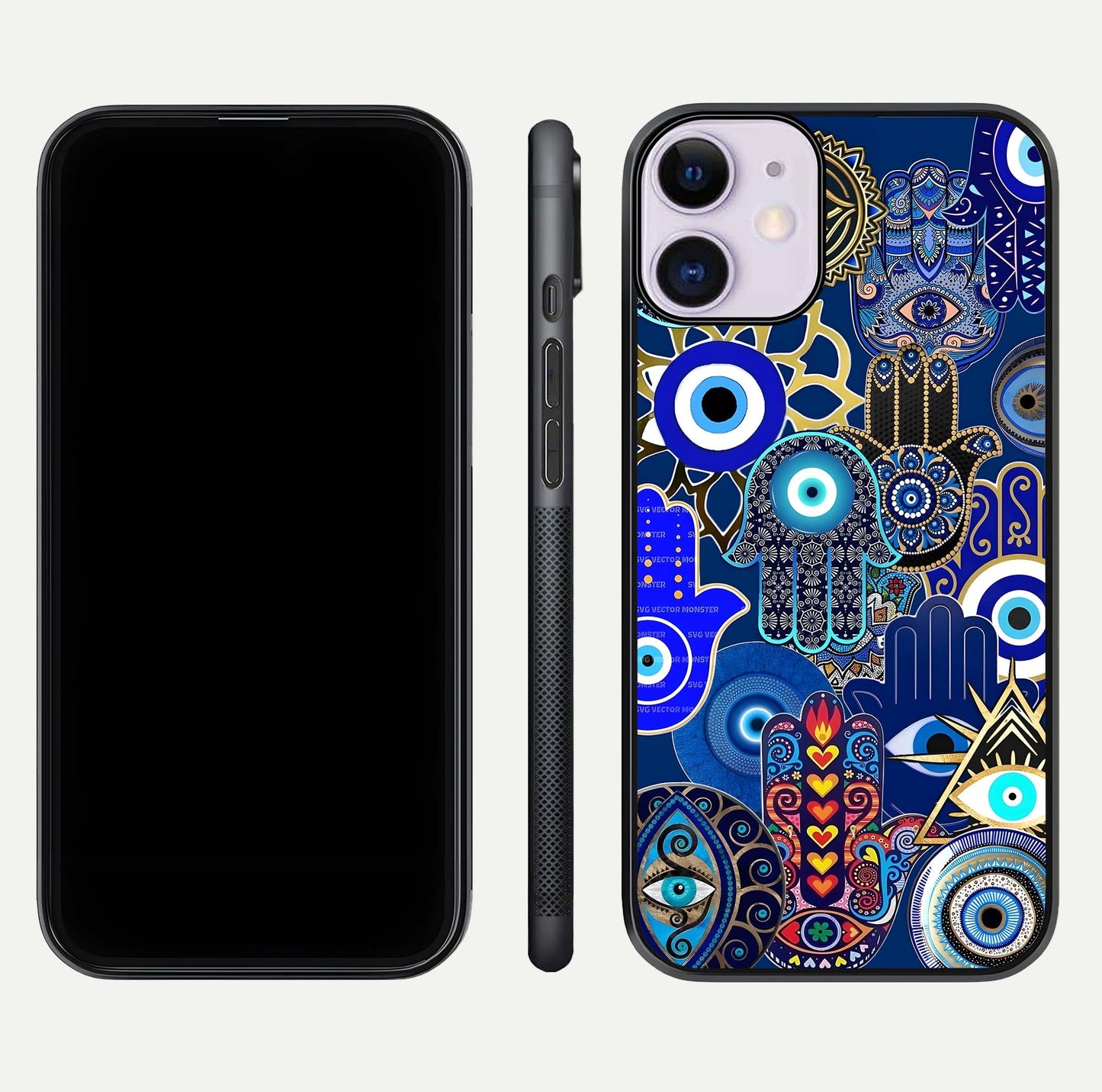 Mystic Palm Guard Glass Case for iPhone 11 front & back layout highlighting spiritual art and edge finish
