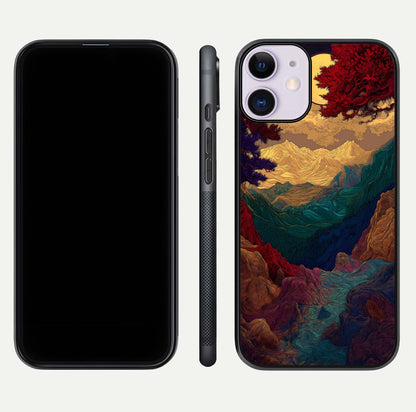 Mystic Valley Light Glass Case for iPhone 11 front & back layout displaying landscape tones and edges