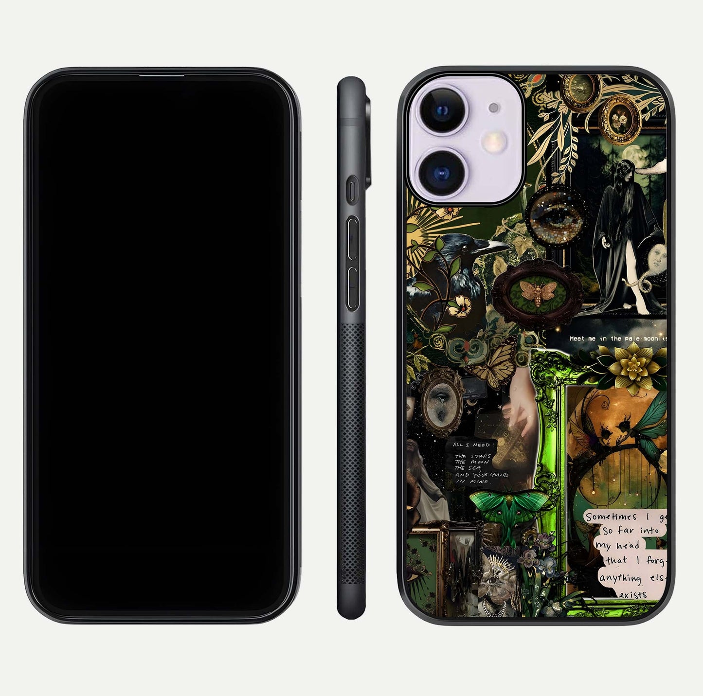 Mystic Woods Secret Glass Case for iPhone 11 front & back layout showing nature theme and smooth edges