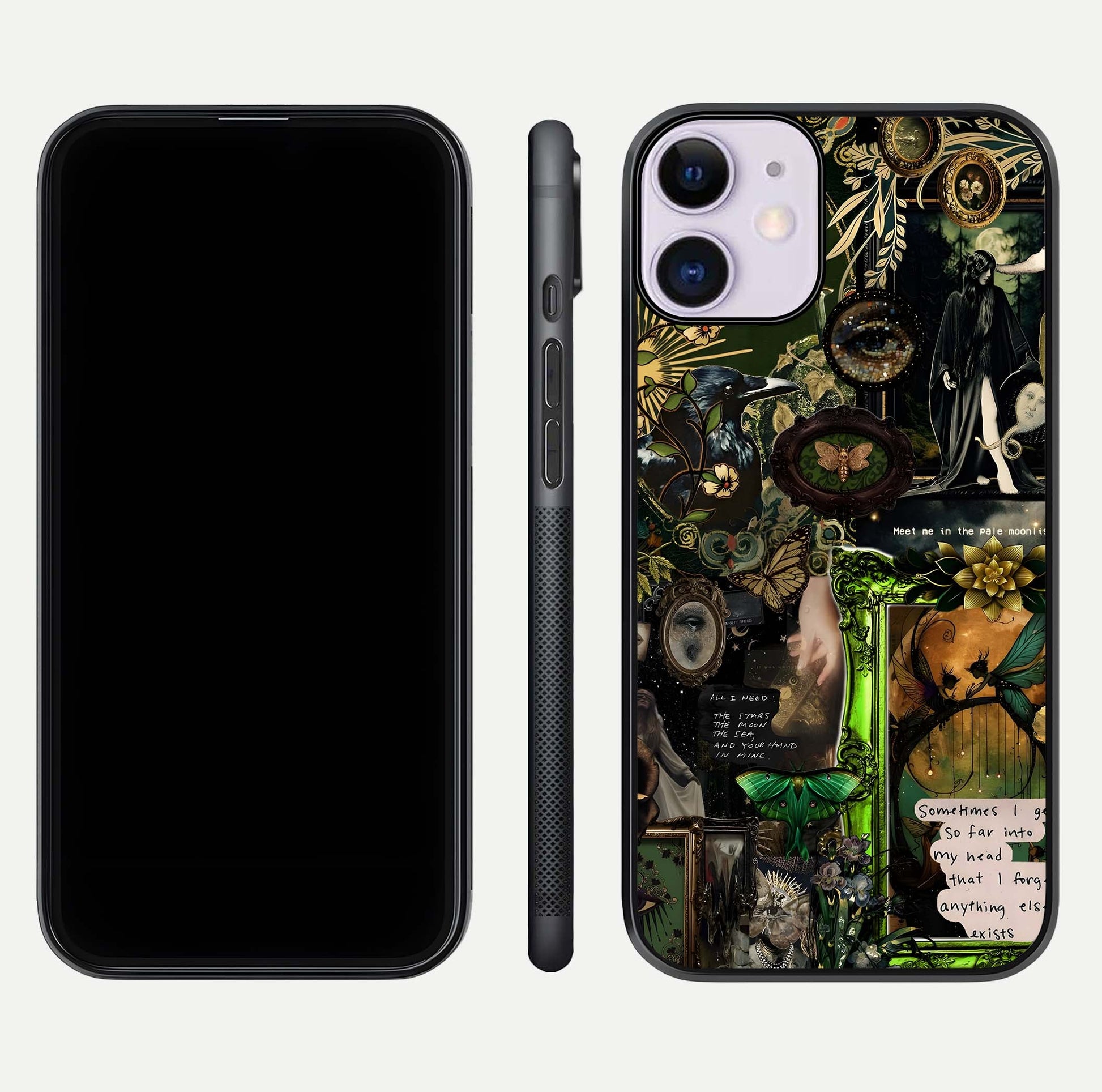 Mystic Woods Secret Glass Case for iPhone 11 front & back layout showing nature theme and smooth edges