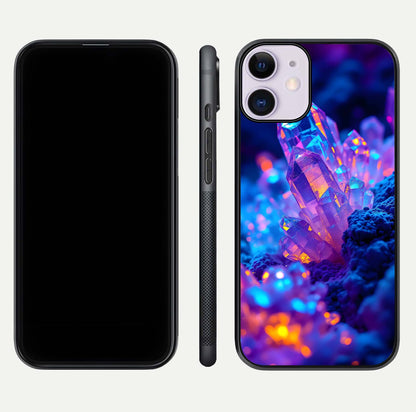 Neon Aura Shards Glass Case for iPhone 11 front & back layout showing vivid tones and edge finish
