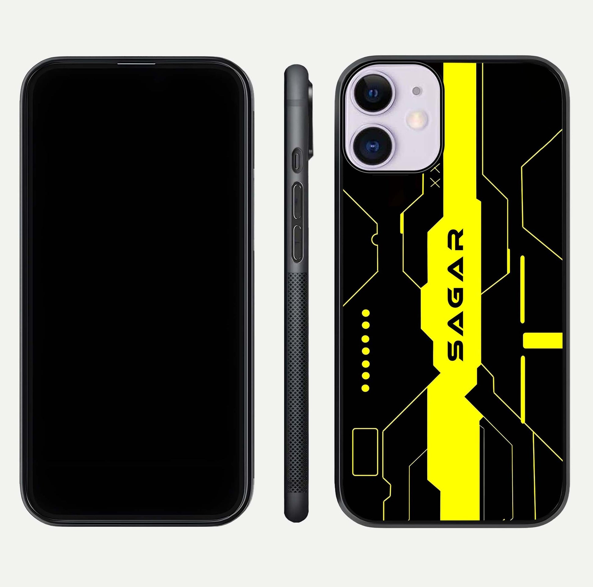 Neon CYBERPUNK Custom Name Glass Case for iPhone 11 front & back layout showing tech art and custom edge