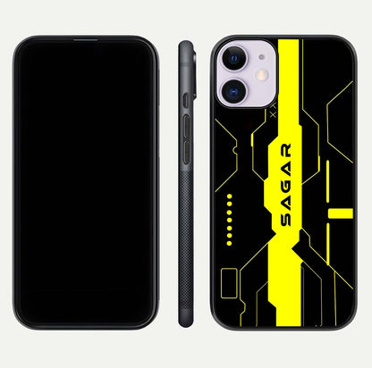 Neon CYBERPUNK Custom Name Glass Case for iPhone 11 front & back layout showing tech art and custom edge