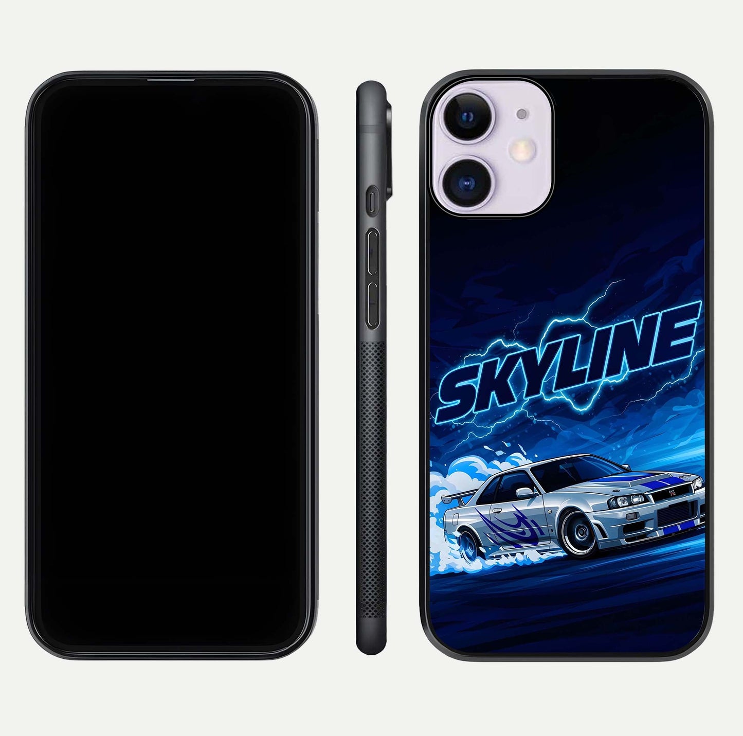 Neon Drift Beast Glass Case for iPhone 11 front & back layout showing car silhouette and edge design