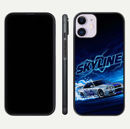 Neon Drift Beast Glass Case for iPhone 11 front & back layout showing car silhouette and edge design