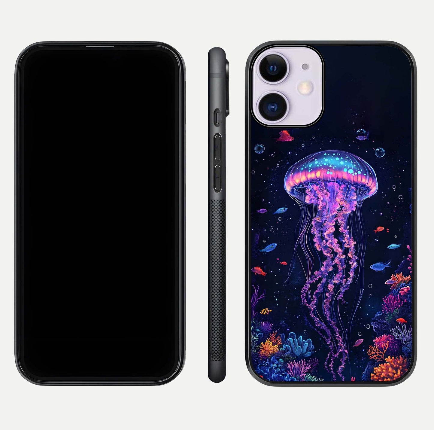 Neon Jellyfish Glass Case for iPhone 11 front & back layout highlighting HD marine art and curved edges