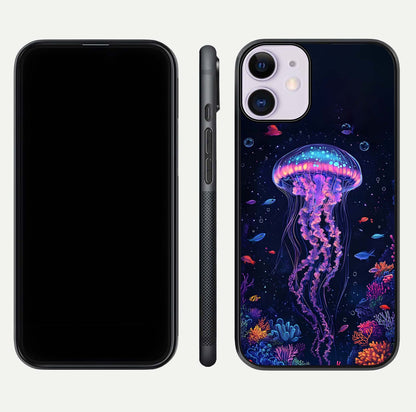 Neon Jellyfish Glass Case for iPhone 11 front & back layout highlighting HD marine art and curved edges