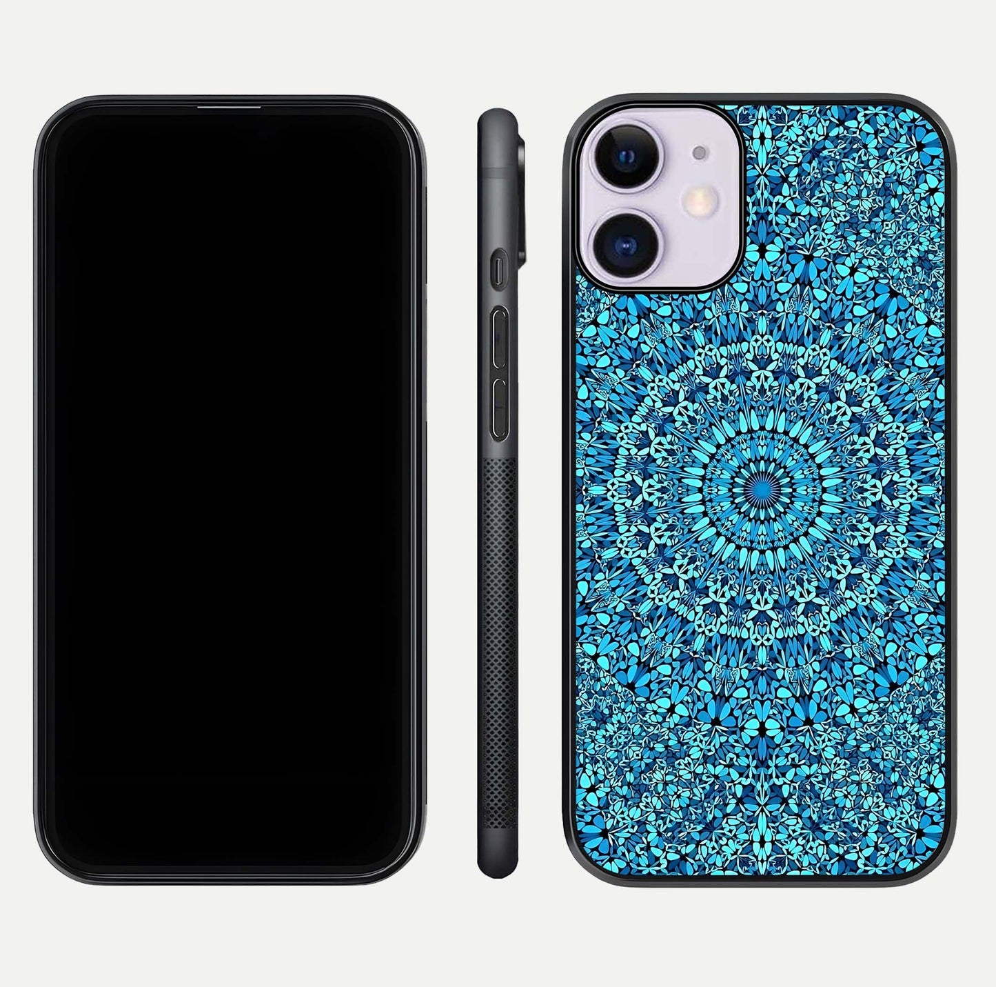Ocean Bloom Mandala Glass Case for iPhone 11 front & back layout showing ocean tone design and edges