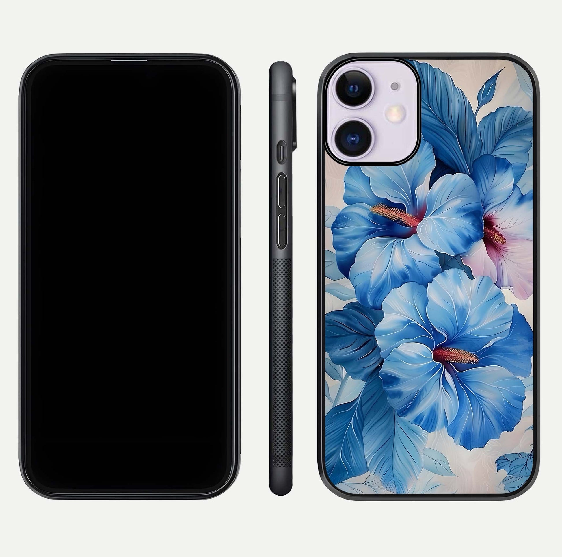 Ocean Hibiscus Grace Glass Case for iPhone 11 front & back layout showing vibrant oceanic tones and curves