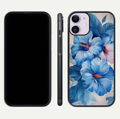 Ocean Hibiscus Grace Glass Case for iPhone 11 front & back layout showing vibrant oceanic tones and curves