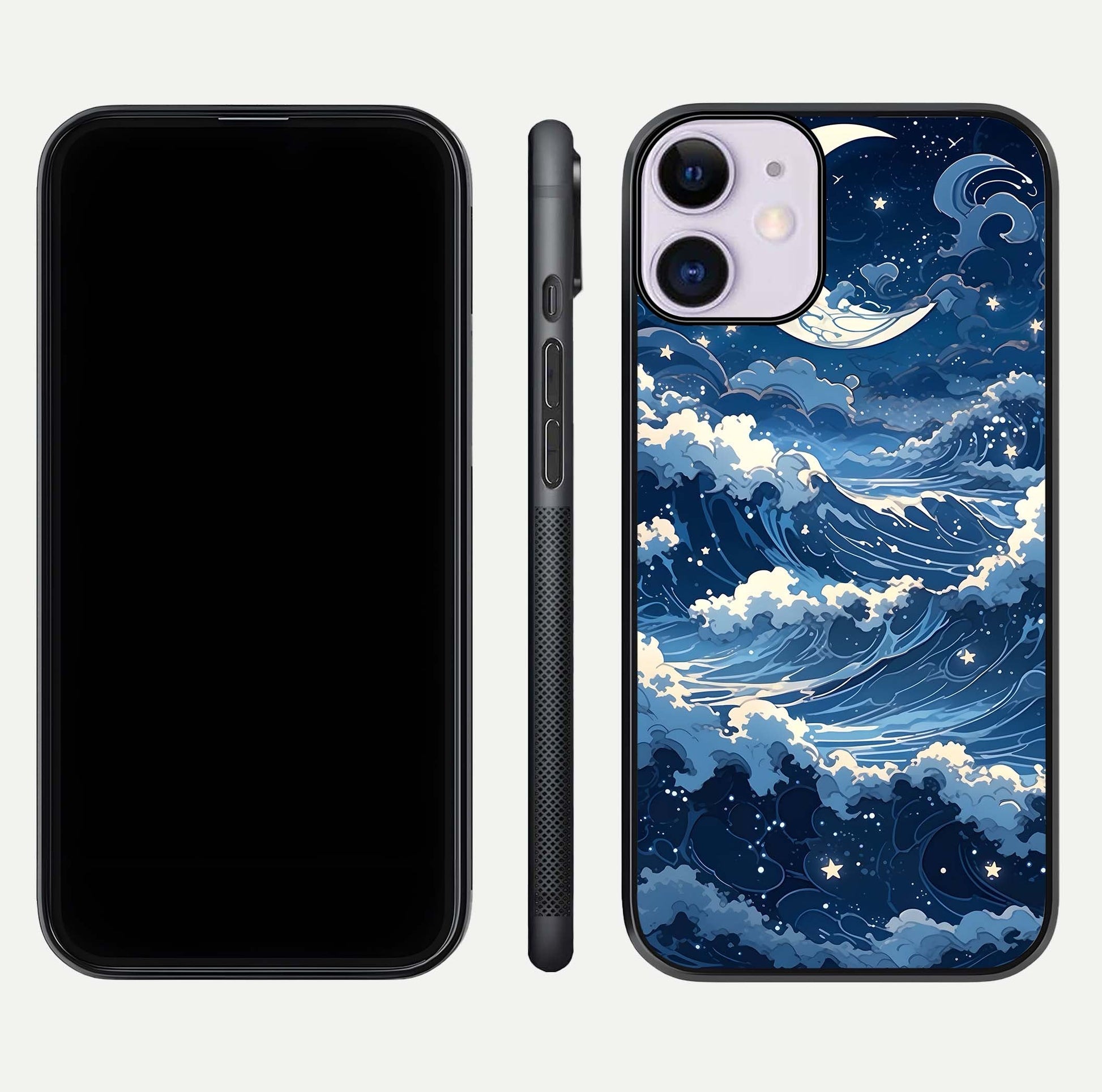 Ocean Moon Waves Glass Case for iPhone 11 front & back layout highlighting water flow and smooth edges