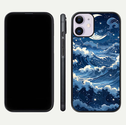 Ocean Moon Waves Glass Case for iPhone 11 front & back layout highlighting water flow and smooth edges