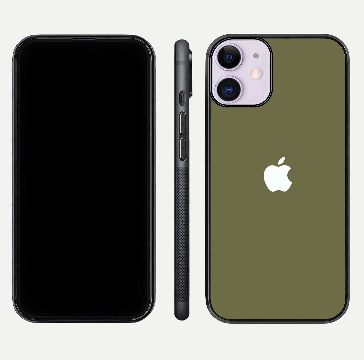 Olive Matte Essence Glass Case for iPhone 11 front & back layout highlighting simple design and clean edges