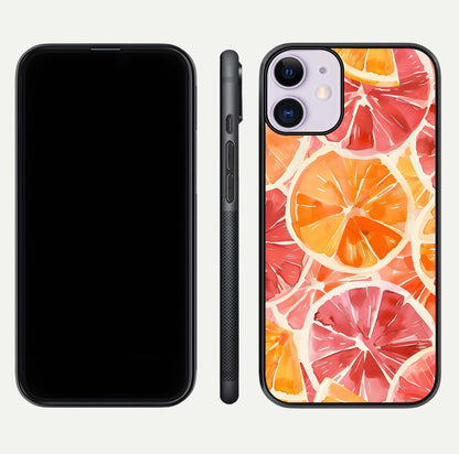 Orange Fruits Pattern Glass Case for iPhone 11 front & back layout highlighting bright colors and clean edges