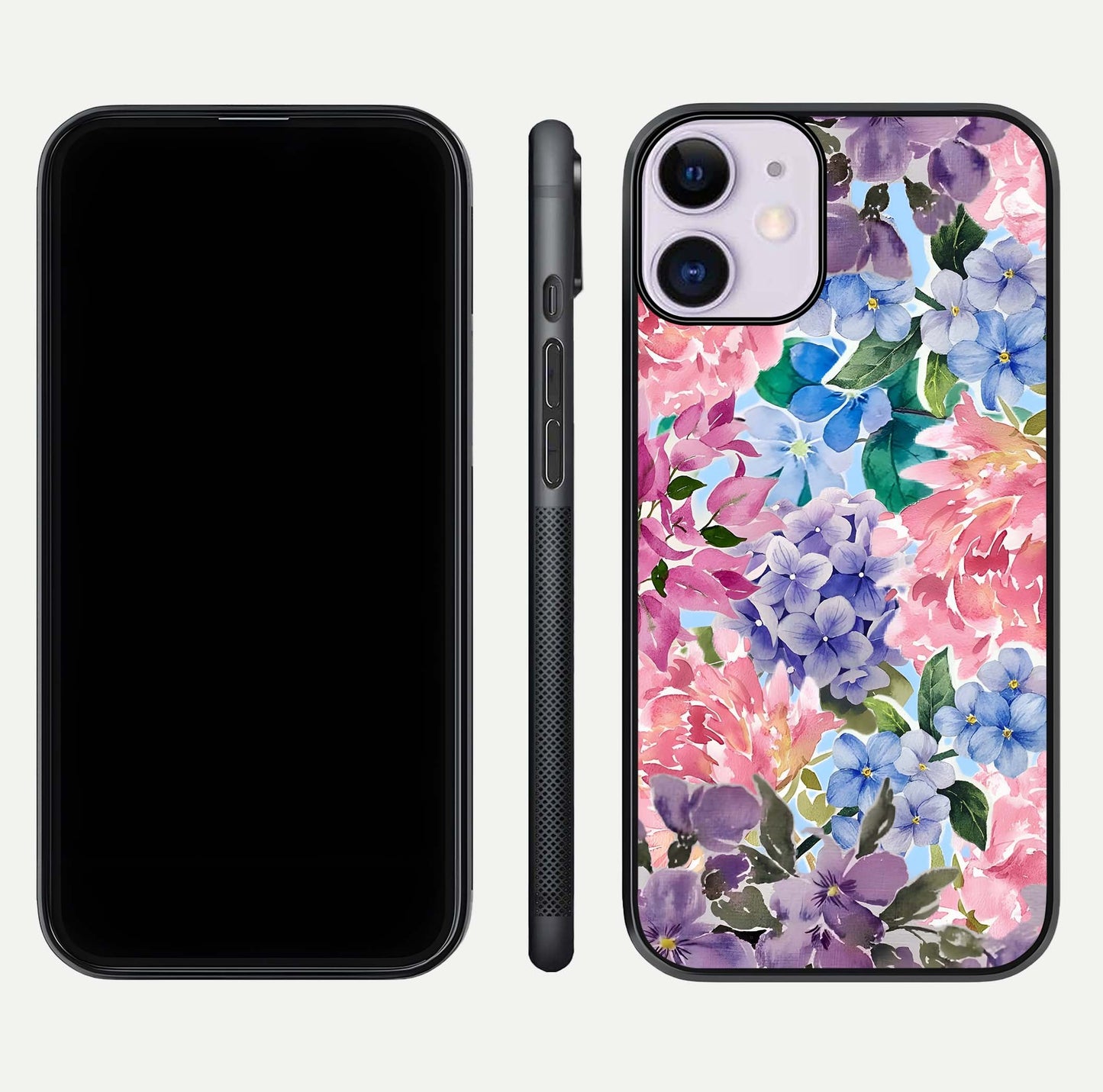 Pastel Floral Mix Glass Case for iPhone 11 front & back layout showing gentle tones and elegant edges