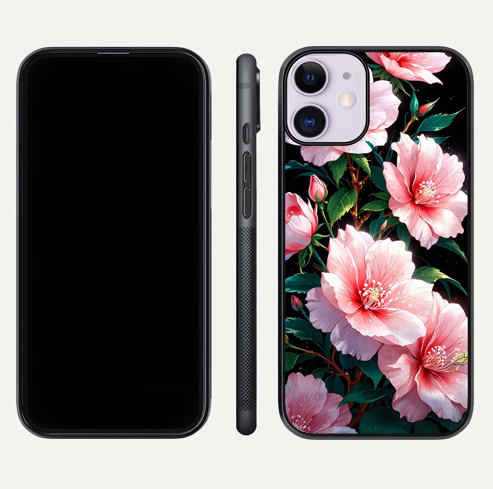 Peach Flower Glass Case for iPhone 11 front & back layout showing elegant floral tones and smooth edges