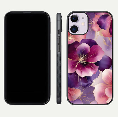 Pink Bouquet Florals Glass Case for iPhone 11 front & back layout highlighting vivid petals and smooth edges