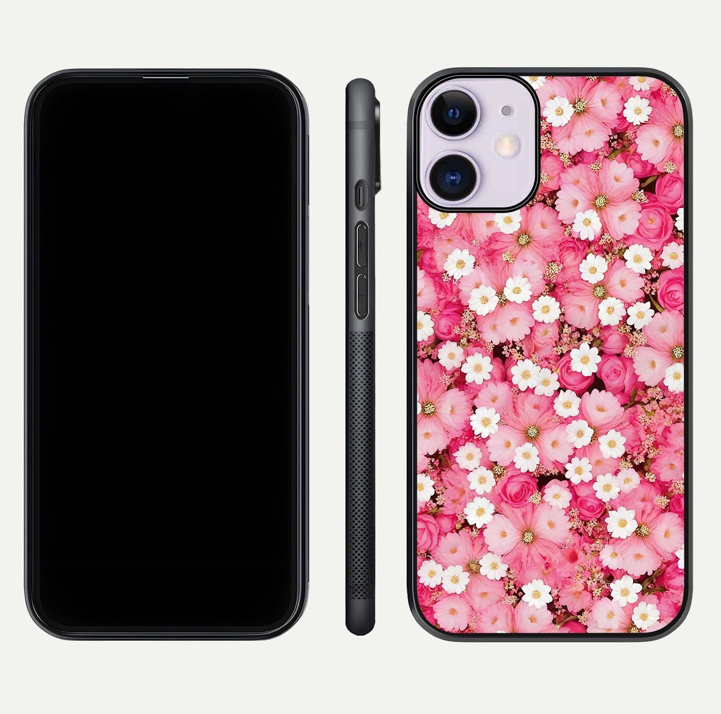 Pink Daisy Bliss Glass Case for iPhone 11 front & back layout showing HD floral tones and edge finish