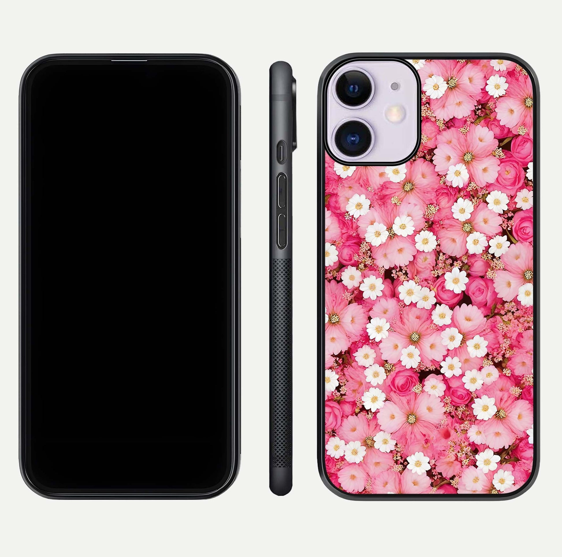 Pink Daisy Bliss Glass Case for iPhone 11 front & back layout showing HD floral tones and edge finish