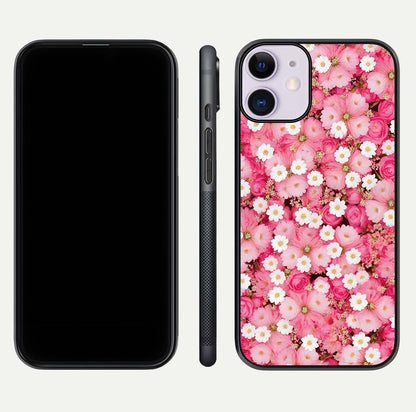 Pink Daisy Bliss Glass Case for iPhone 11 front & back layout showing HD floral tones and edge finish