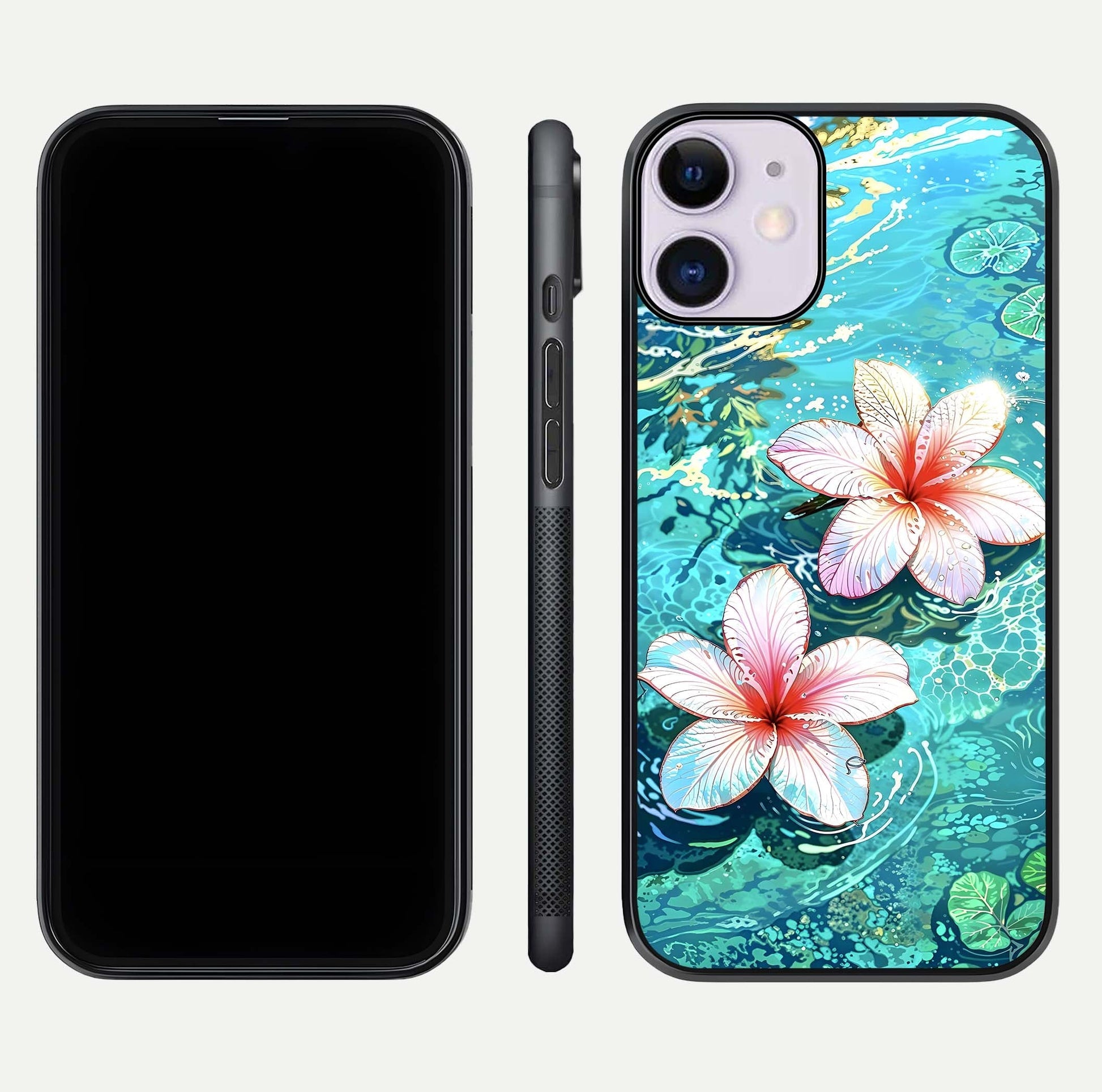 Pink Flowers in Water Glass Case for iPhone 11 front & back layout showing elegant pastel floral tones